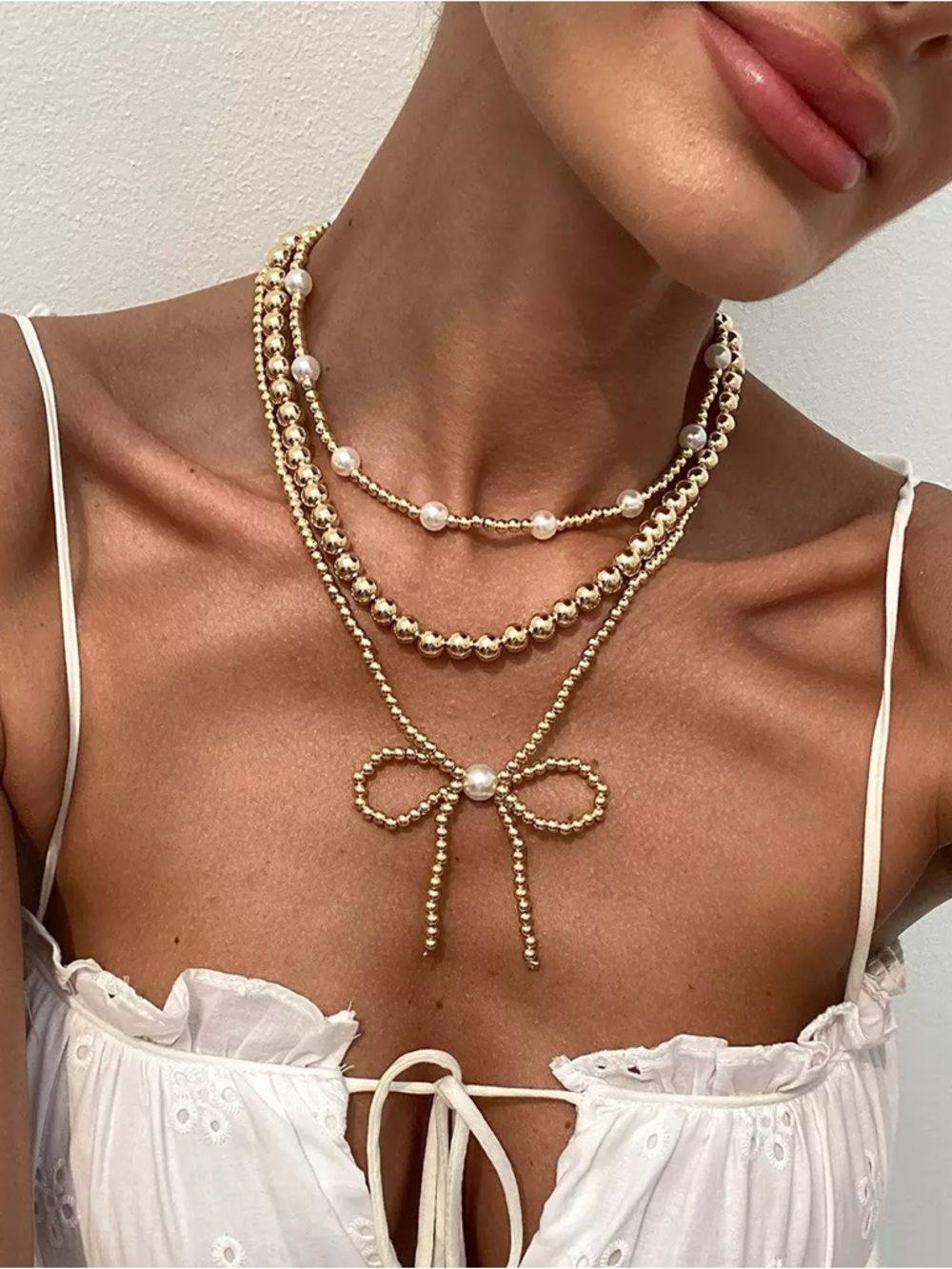 Anthropologie Gold Beaded Layered Necklace with Pearl Bow - Picture 2 of 3